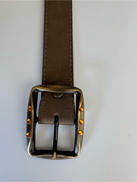 Vera Pelle Accessories - Vera Pelle Brown Leather Belt with Antique Brass Buckle and Orange Gem Accents